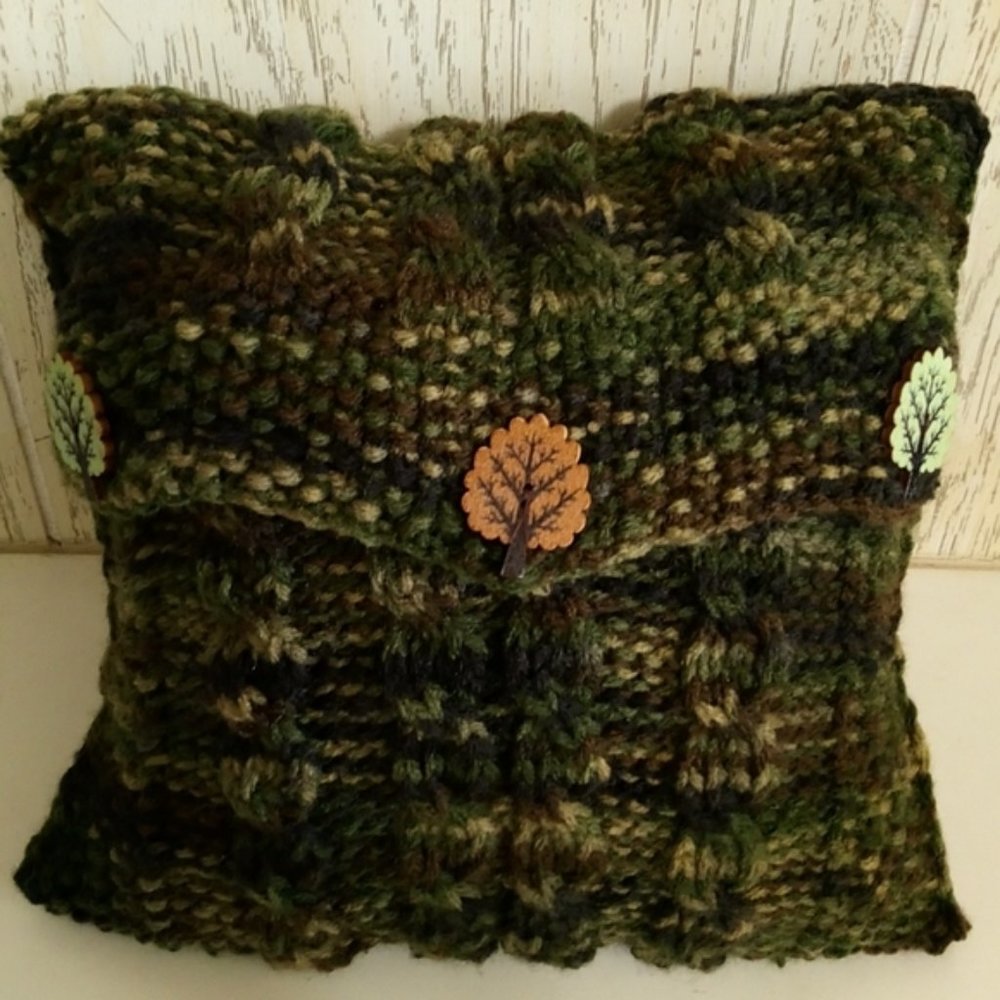 Hand Crafted Knit Cable Throw Pillow Tree Buttons Camo Cabin Sofa Couch
